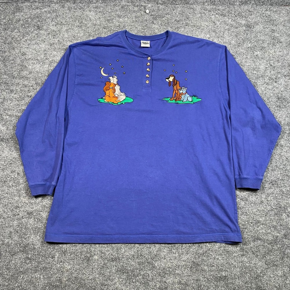 Disney Catalog Lady and the Tramp Blue Embroidered Henley Long‎ Sleeve Shirt XL